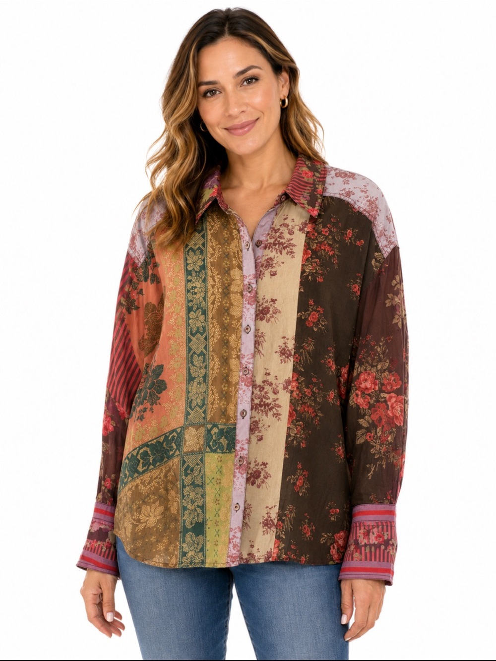 We The Free Free People Large Patchwork Floral Button Down Shirt